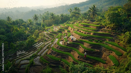 Lush green rice terraces on hillside with farmers working.