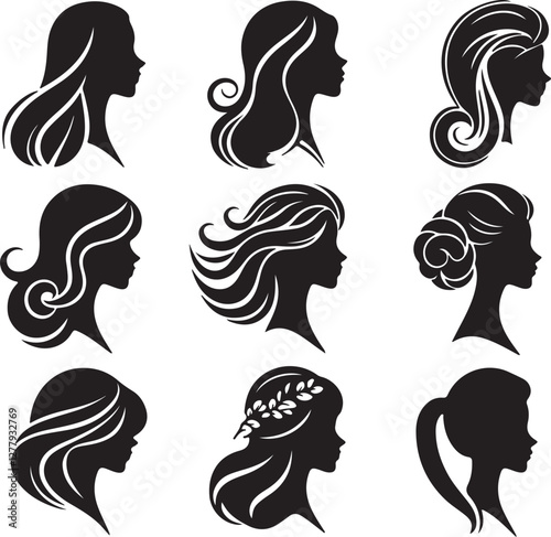 women head profile with different hairstyle logo silhouette design vector illustration