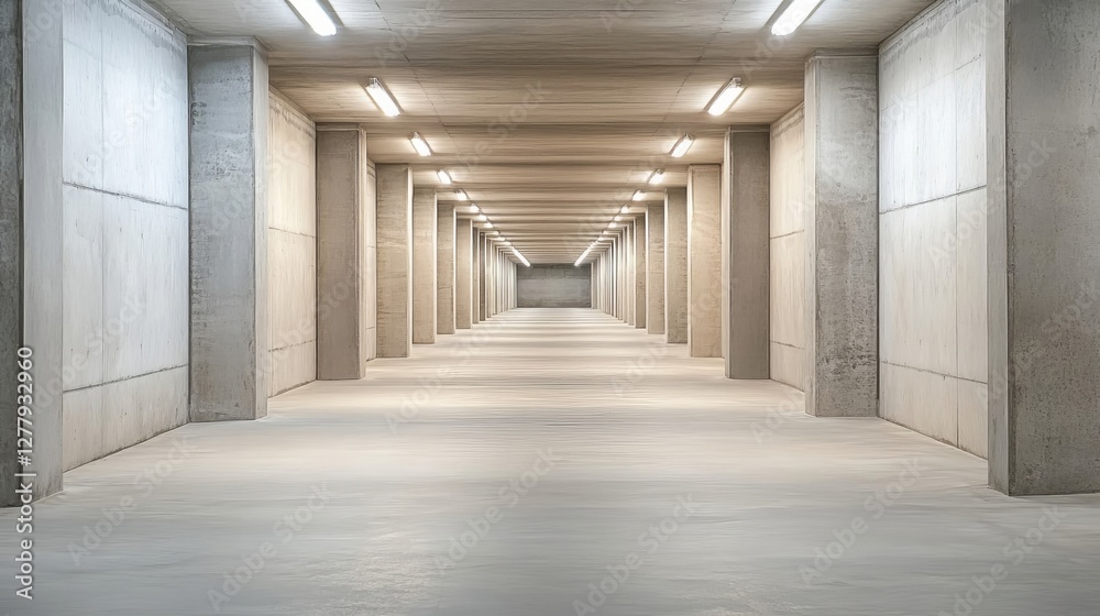 Modern Concrete Parking Garage Interior Design Long Corridor Perspective View Modern Concrete Parking Garage Interior Design Long Corridor Perspective View
