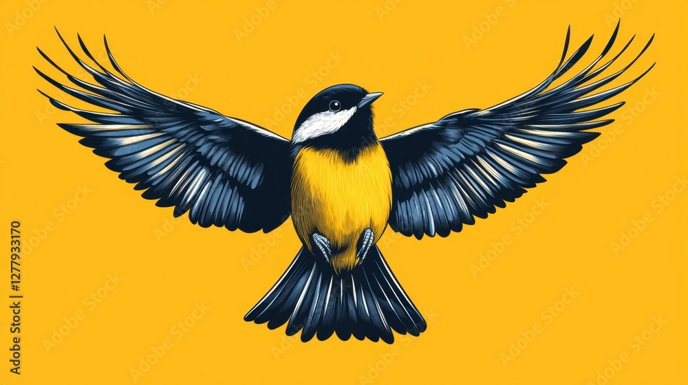 Obraz premium Striking Illustration of a Tit with Wings Spread Wide Against a Vibrant Yellow Background Depicting Freedom and Beauty