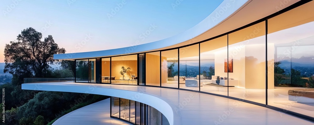 Fototapeta premium Futuristic house with glass walls and sleek outdoor terrace overlooking nature