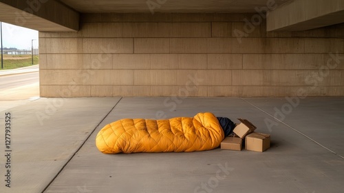 Homeless Person Sleeping Rough in a City Underpass with Belongings