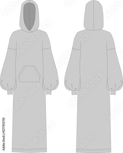 Technical fashion illustration: maxi dress with hood, puff sleeves and front pocket, jersey, front and back view, women's CAD, gray, flat drawing template.