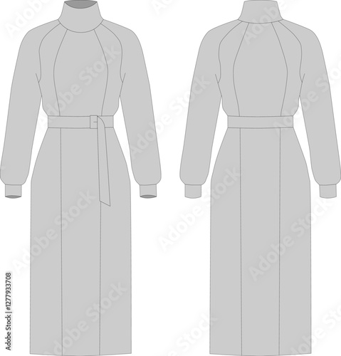 Technical fashion illustration: high collar maxi dress with waist tie, jersey, front and back view, women's CAD, gray, flat drawing template.