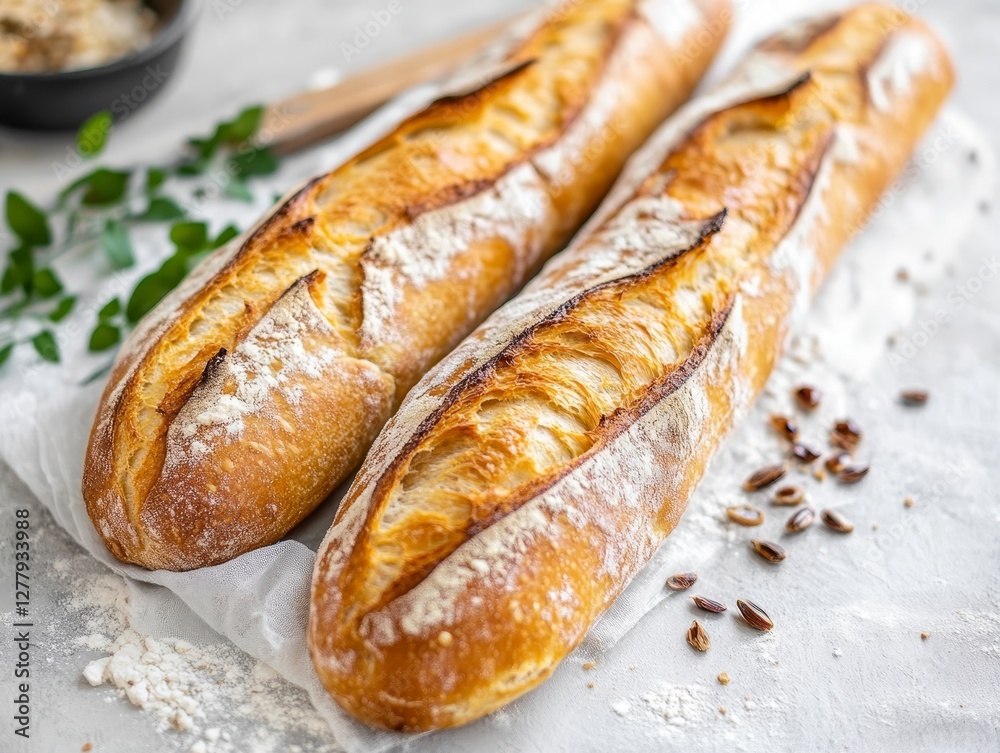 Freshly baked baguettes on rustic table with flour and seeds Freshly baked baguettes on rustic table with flour and seeds