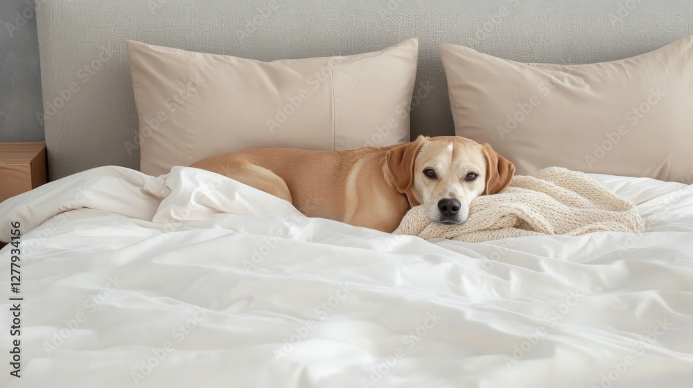 Relaxed Golden Retriever Dog Resting on a Cozy White Bed with Beige Pillows Relaxed Golden Retriever Dog Resting on a Cozy White Bed with Beige Pillows