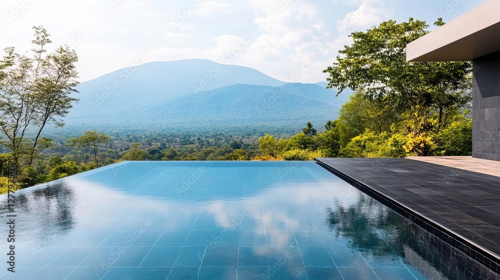 Luxury infinity pool with sleek black tiles overlooking a mountain landscape Luxury infinity pool with sleek black tiles overlooking a mountain landscape