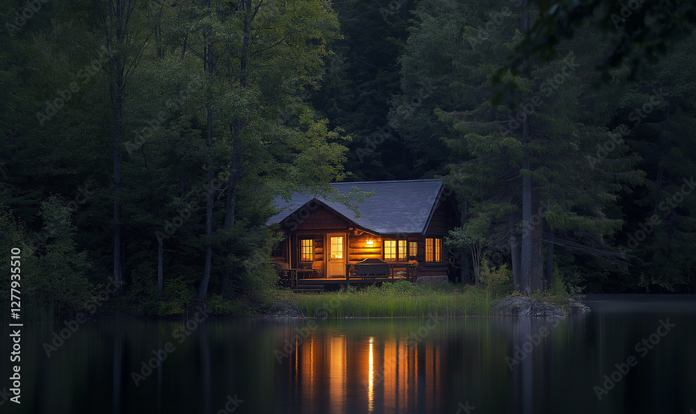 Fototapeta premium Peaceful Lakeside Cabin Surrounded by Trees for a Tranquil and Scenic Retreat