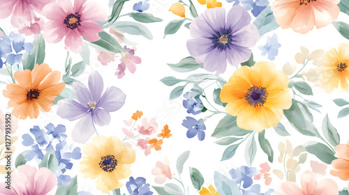 Watercolor Floral Pattern with Soft Pastel Flowers on White Background
