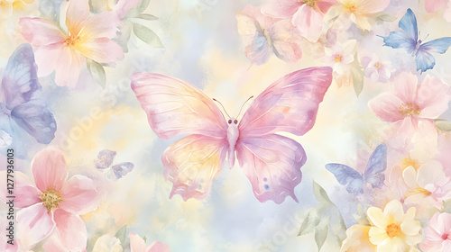 Watercolor Butterfly and Flowers in Soft Pastel Colors, Spring Background