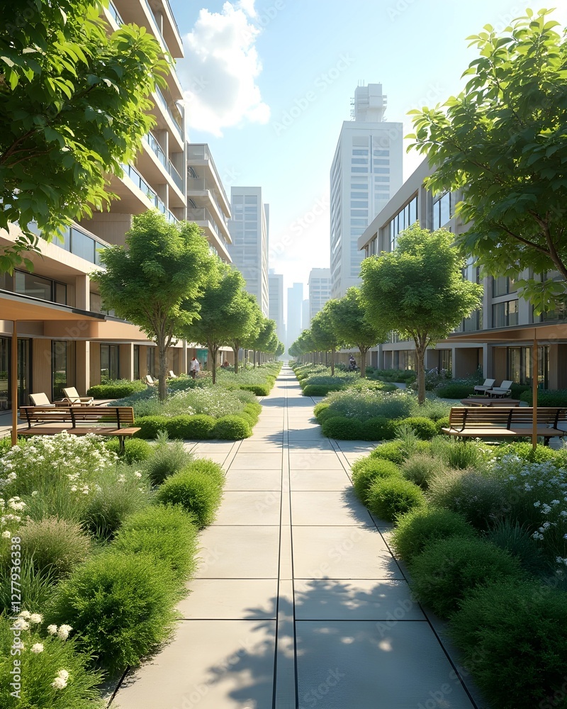 A tranquil pathway winds through a modern residential complex, lined with lush greenery and sun-drenched buildings. A tranquil pathway winds through a modern residential complex, lined with lush greenery and sun-drenched buildings.