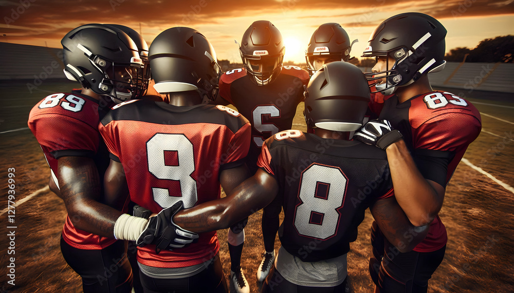 Fototapeta premium American Football A group of American football players huddled on a field at sunset, wearing helmets and numbered jers1