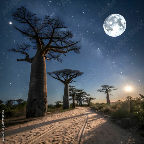 The iconic Avenue of Baobabs in Madagascar, with towering baobab trees silhouetted against a twilight sky. photo