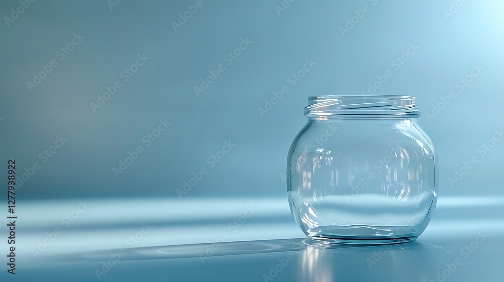 A round empty jar on a light blue surface, capturing reflections and light A round empty jar on a light blue surface, capturing reflections and light