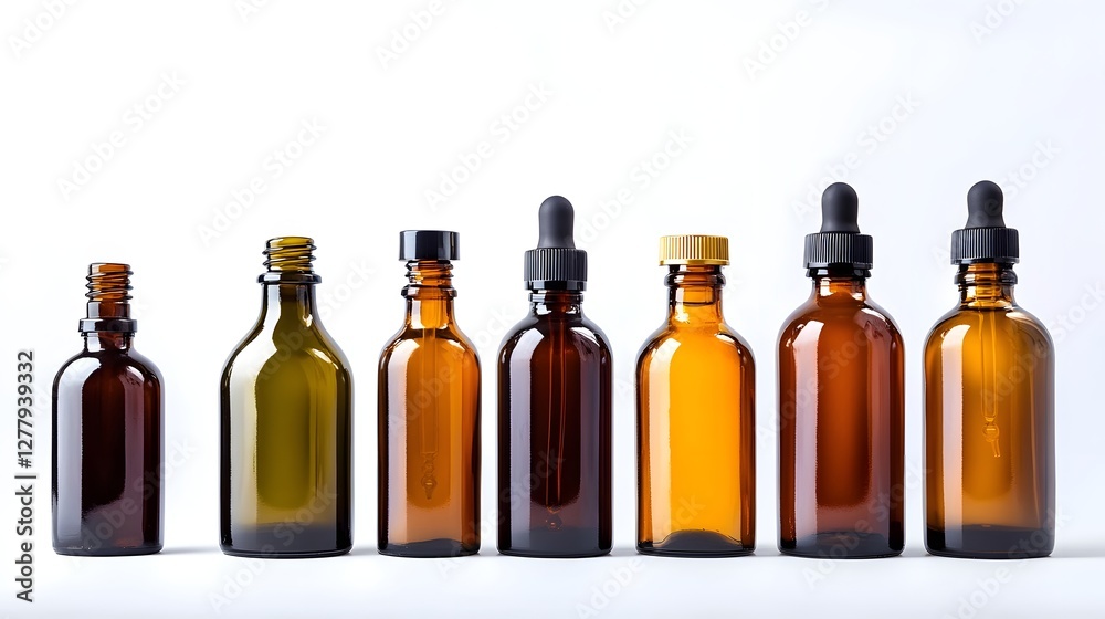 Minimalist Glass Bottles Displayed in a Stylish Row on a Clean White Background Minimalist Glass Bottles Displayed in a Stylish Row on a Clean White Background