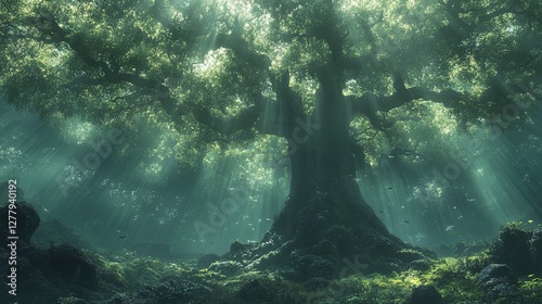 Mystical foggy forest with towering ancient trees and scattered light rays 