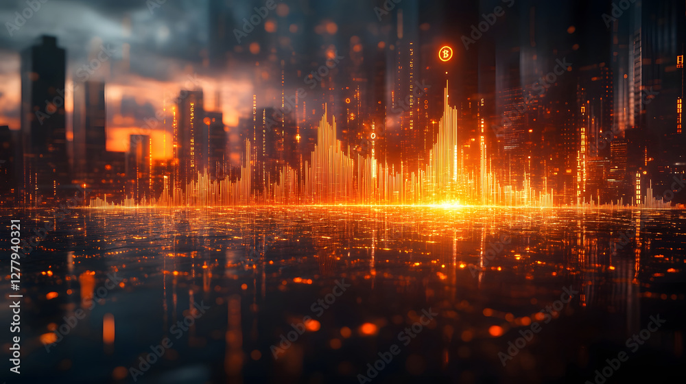 Fototapeta premium Dramatic Golden BNB Graph Rising Over Futuristic Financial District