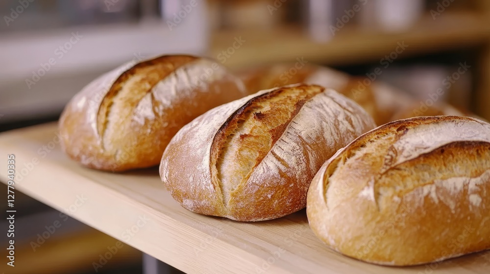Artisan whole wheat bread loaves on wooden shelf in bakery Artisan whole wheat bread loaves on wooden shelf in bakery