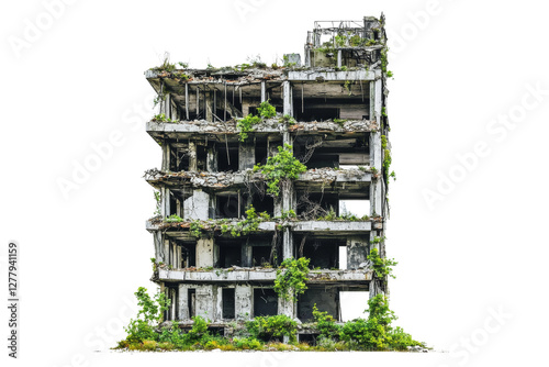 Abandoned building with overgrown vegetation, showcasing decay and nature reclamation. striking contrast between man made structure and natural growth