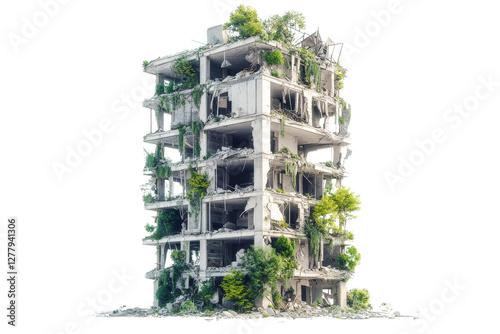 Fototapeta Naklejka Na Ścianę i Meble -  dilapidated building overtaken by greenery, showcasing nature reclaiming urban space. structure is partially collapsed, with plants growing through cracks