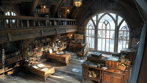 Cozy library filled with books under soft winter light near a large arched window