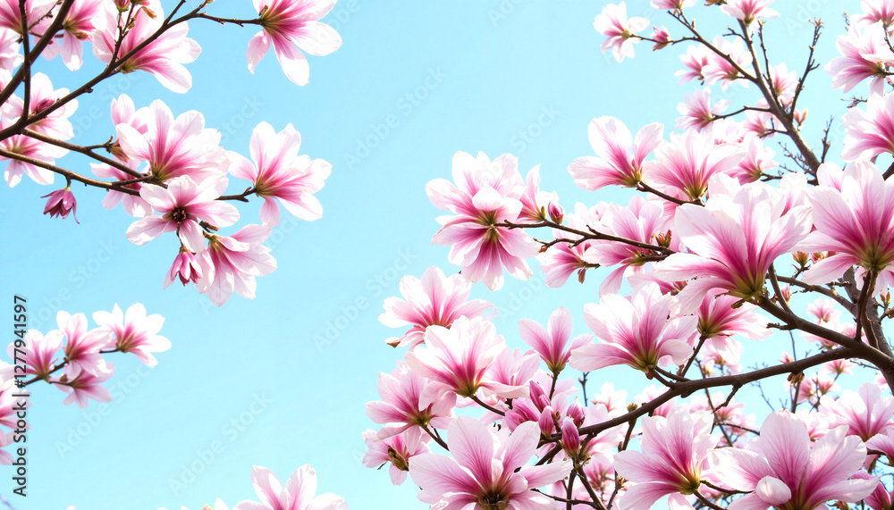 Obraz premium Screensaver. Magnolia blossoms against blue sky in urban park, spring beauty