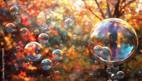 Autumn Park Bubbles, Child's Silhouette, Fall Foliage, Sunlight, Design