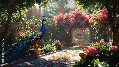 Majestic peacock displaying its colorful plumage in a royal garden 