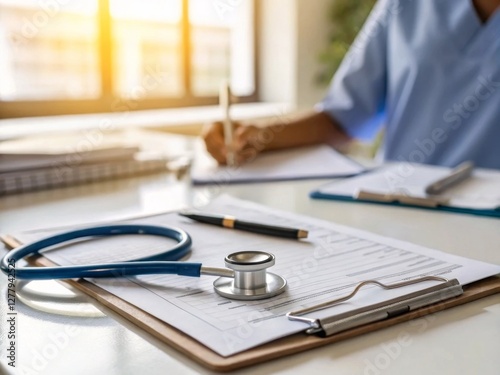 Wallpaper Mural Close up of a doctor's desk with a stethoscope clipboard and medical documents while a healthcare professional writes in the background  
 Torontodigital.ca