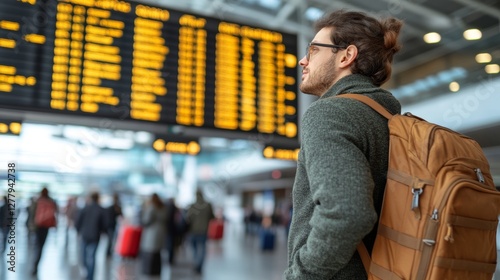 Young caucasian male traveler observing airport flight information board with backpack