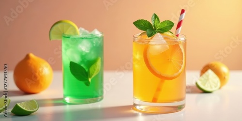 Refreshing Iced Citrus Beverages with Mint Garnish and Straws on Bright Surface