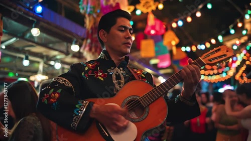 A vibrant night scene of a mariachi musician playing a guitar, surrounded by festive lights and colorful decorations.