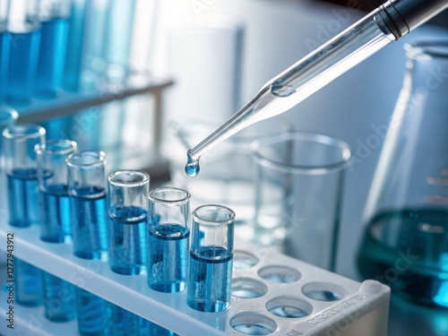 Close up of a pipette dropping blue liquid into test tubes in a laboratory representing scientific research medical testing and biotechnology  
