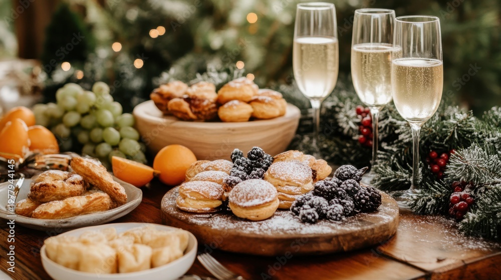 Festive Holiday Celebration with Champagne Flutes and Delicious Pastries on Wooden Table Setting Festive Holiday Celebration with Champagne Flutes and Delicious Pastries on Wooden Table Setting