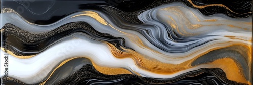 An abstract resin wall art piece with marbled black, white, and gold patterns flowing elegantly.