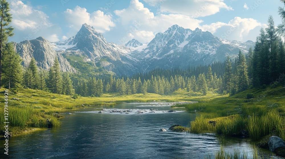 Fototapeta premium Hidden valley with a sparkling river and dramatic mountain backdrop 