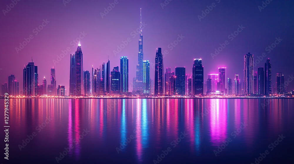 Obraz premium Vibrant city skyline at night with reflections.