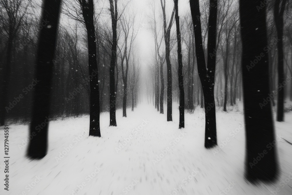 Fototapeta premium Ethereal winter landscape with snow falling in a serene forest of bare trees in black and white creating a peaceful and tranquil scene