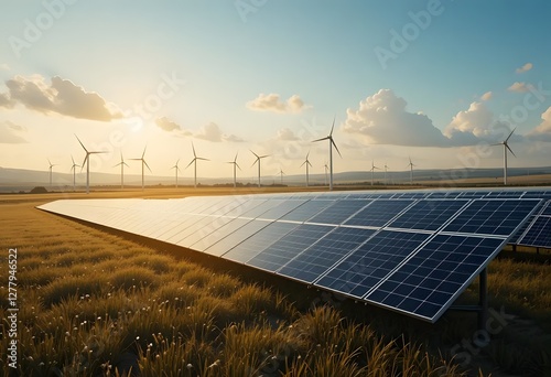 Sustainable Energy Landscape: Solar Panels and Wind Turbines in a Golden Field at Sunset