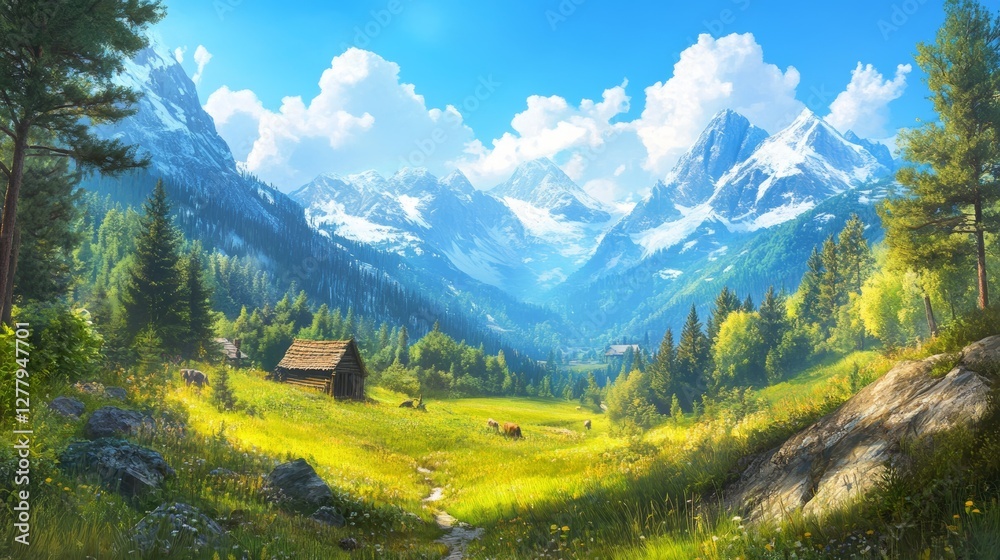 Fototapeta premium A beautiful valley with tall green trees and mountains all around it. In the middle of the valley is a small wooden house in a grassy field under a bright blue sky.