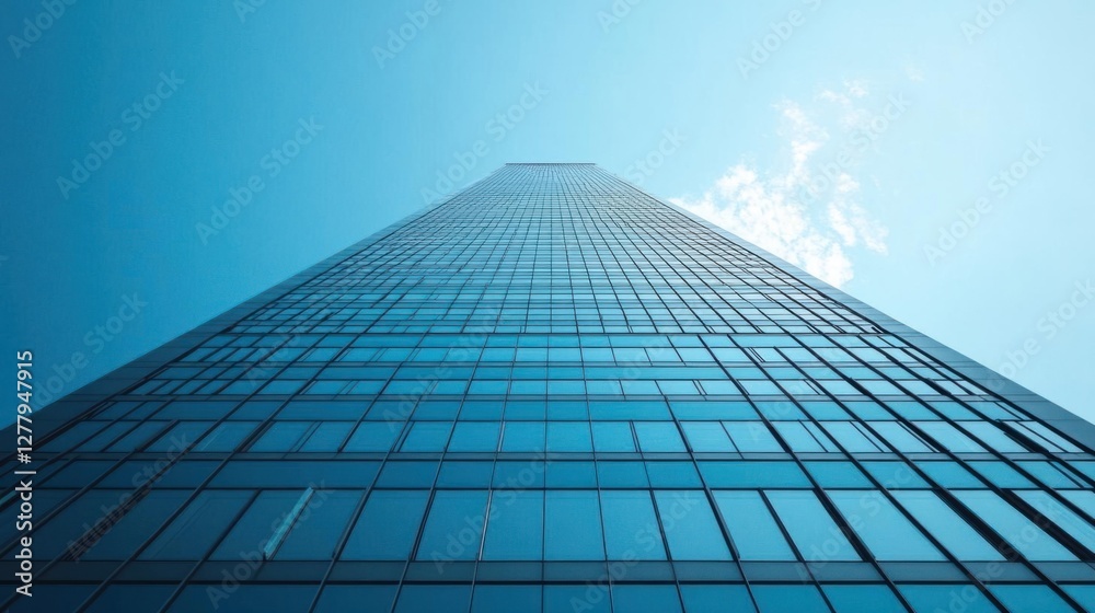 A modern skyscraper captured from a low-angle perspective against a clear blue sky. The reflective glass windows mirror the surrounding cityscape emp 3 A modern skyscraper captured from a low-angle perspective against a clear blue sky. The reflective glass windows mirror the surrounding cityscape emp 3