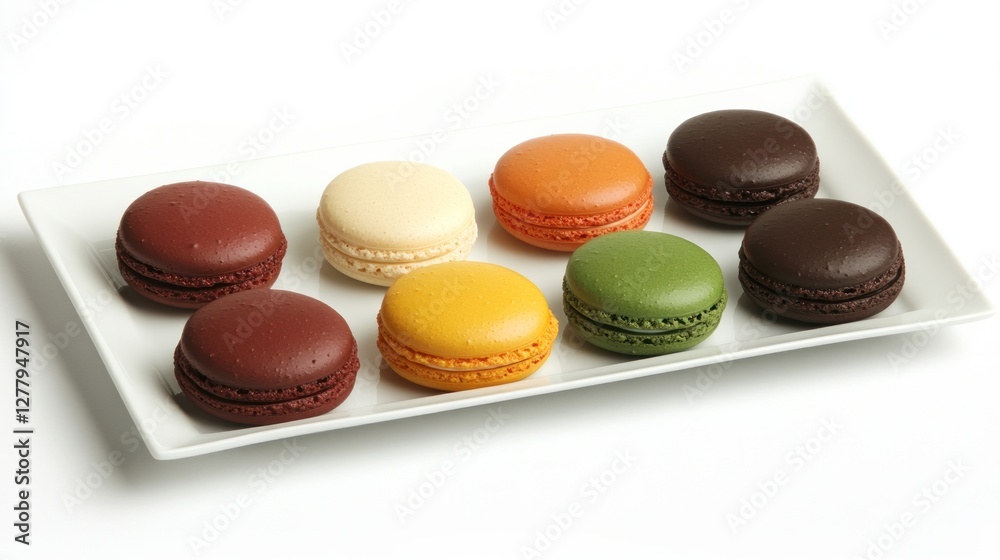 Obraz premium Eight colorful macarons are arranged on a white plate