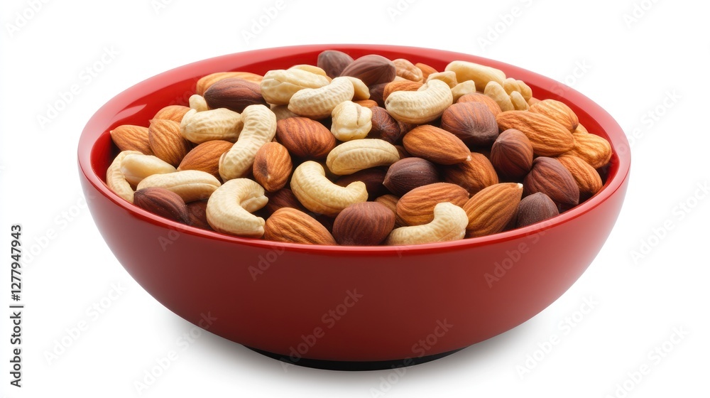 Mixed nuts in a red bowl against white background Mixed nuts in a red bowl against white background