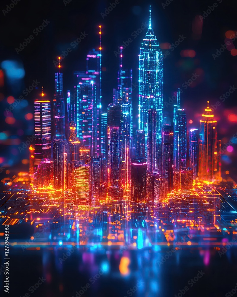 Obraz premium Futuristic city skyline with bright lights.