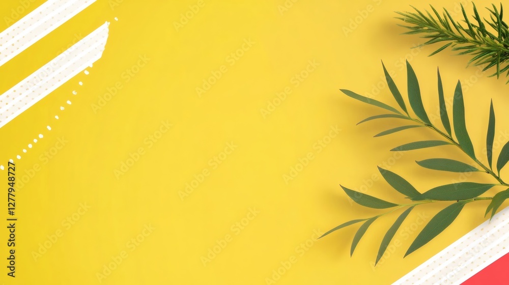 Bright yellow background with green foliage and artistic white tape elements in a creative workspace Bright yellow background with green foliage and artistic white tape elements in a creative workspace