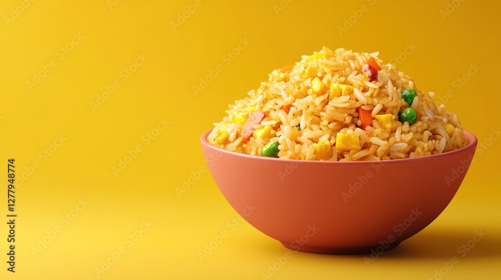 Delicious looking fried rice in a pinkish colored bowl Delicious looking fried rice in a pinkish colored bowl
