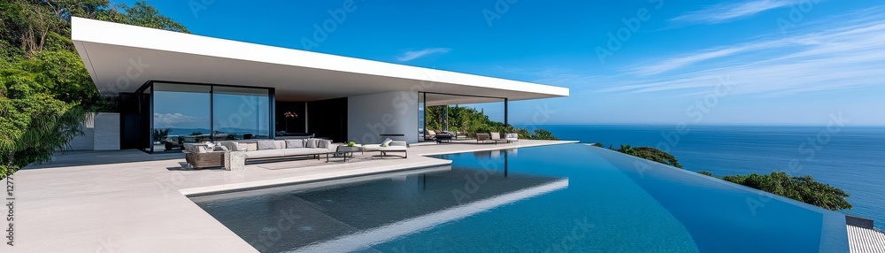 Fototapeta premium Sleek modern villa with an extended outdoor lounge area and infinity edge pool