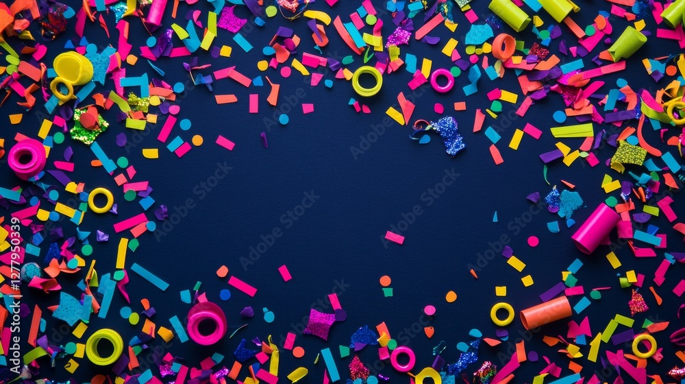Obraz premium Colorful neon confetti of various shapes and sizes is festively scattered on a dark blue background. There's a reserved space for text on this festive neon confetti template.