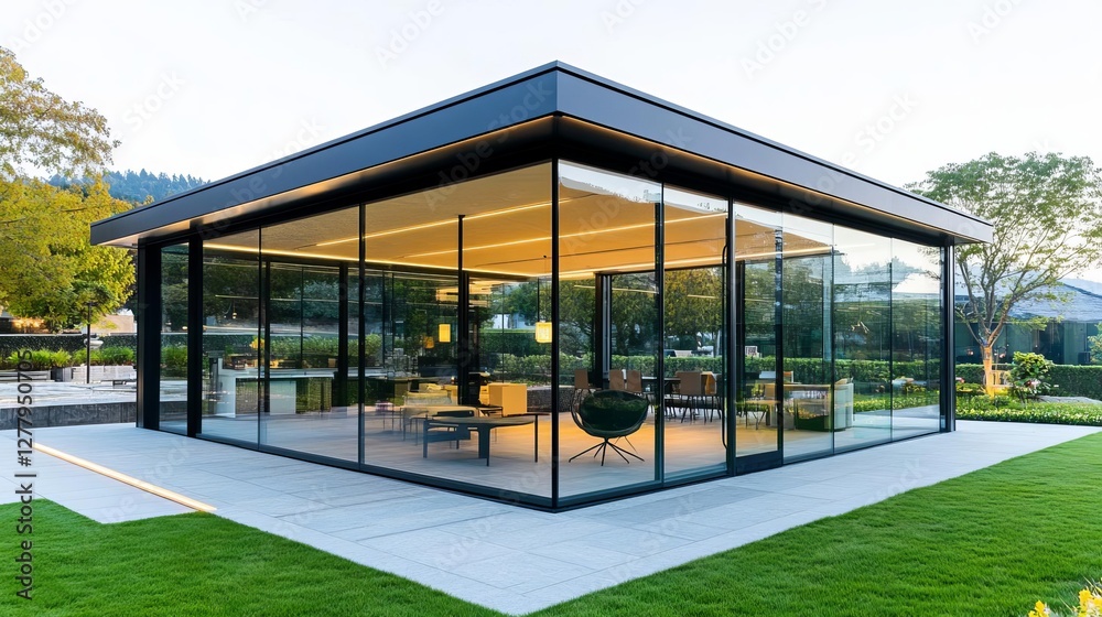 Fototapeta premium Sleek open-air pavilion with glass walls and a seamless indoor-outdoor transition