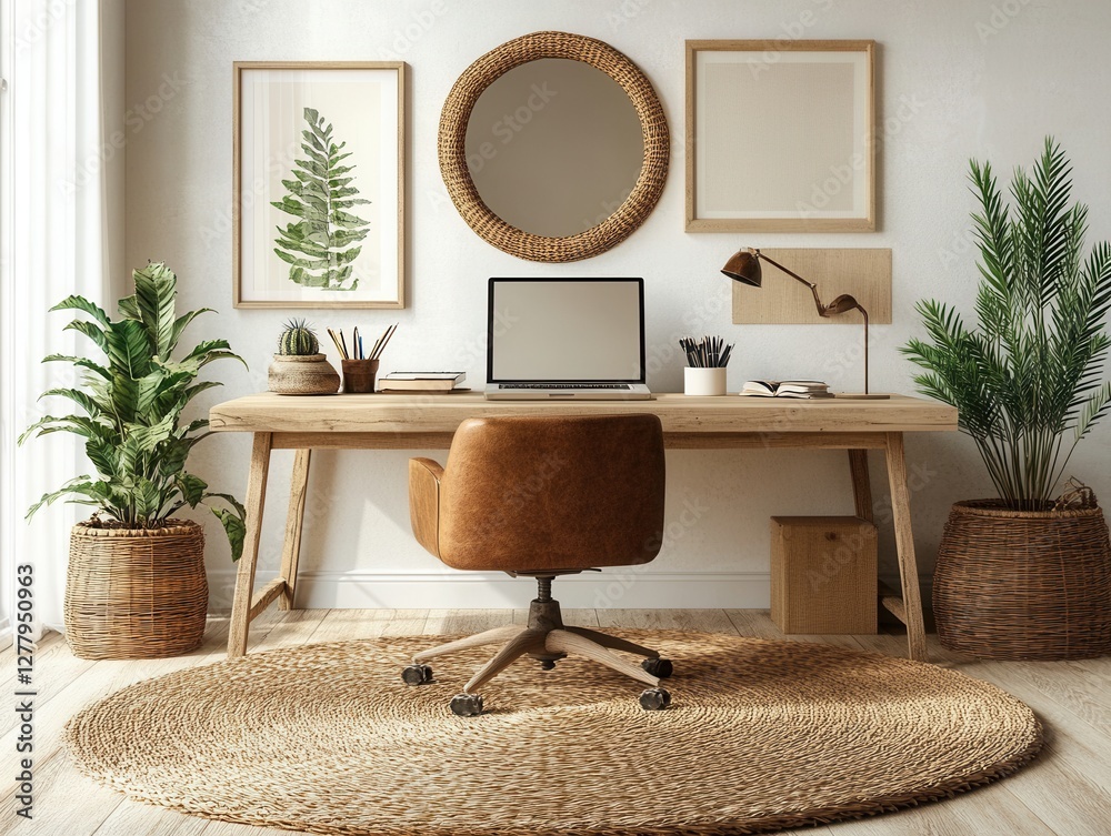 Serene home office setup featuring natural light wooden desk plants and a laptop creating a calming workspace for focus and productivity
